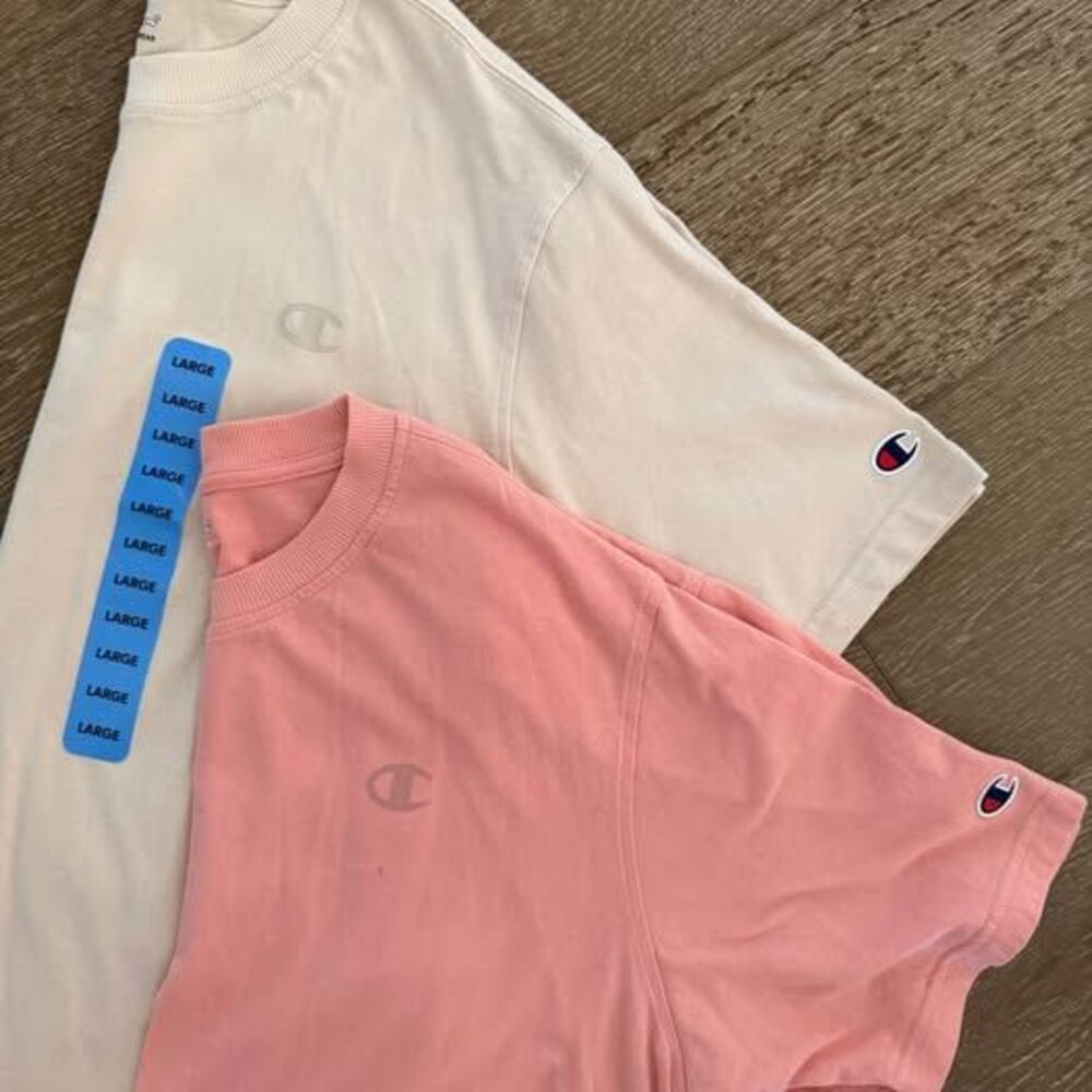 NEW W/ Tags Lot of 2 Mens Champion Logo Tees T-Shirts Cream Pink Coral Sz Large
